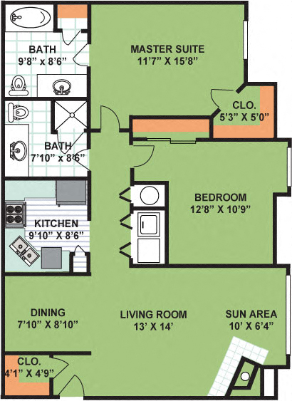 Floor plan for 2 beds, 2 baths, 1170 sqft